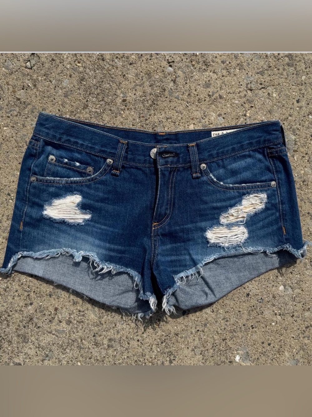 rag & bone Dark Blue Distressed Denim Cutoff Shorts